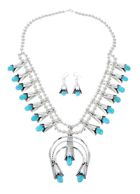 Navajo Turquoise Sterling Silver Squash Blossom Necklace Set JX130941